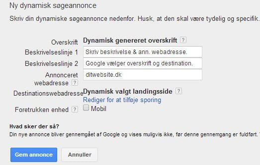 Mulighederne når man opretter en ny DSA Annonce